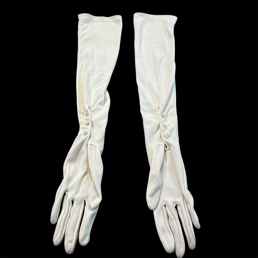 Vintage White Opera Length Gloves Faux Pearl Button Wrist 100% Nylon Sz 6.5 READ